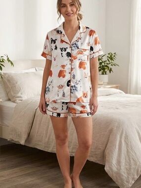 Corgi Print Short Sleeve Pajama Set - White